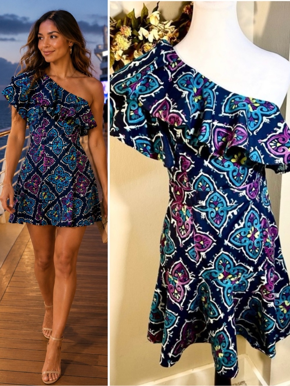 Josie Natori One-Shoulder Ruffle Peplum Mini Dress Colorful Print Size 6💛